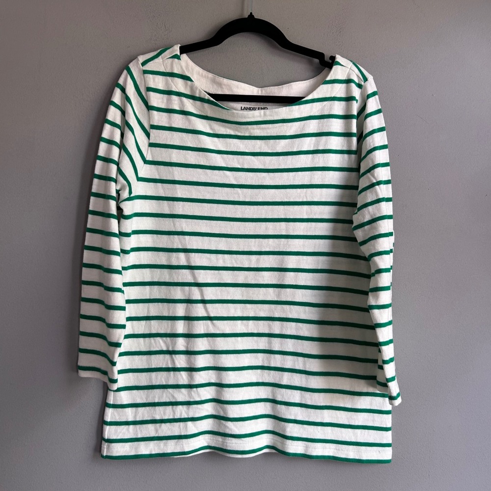 Lands End Womens Green White Striped Cotton Boat Neck Long Sleeve Top M 10-12